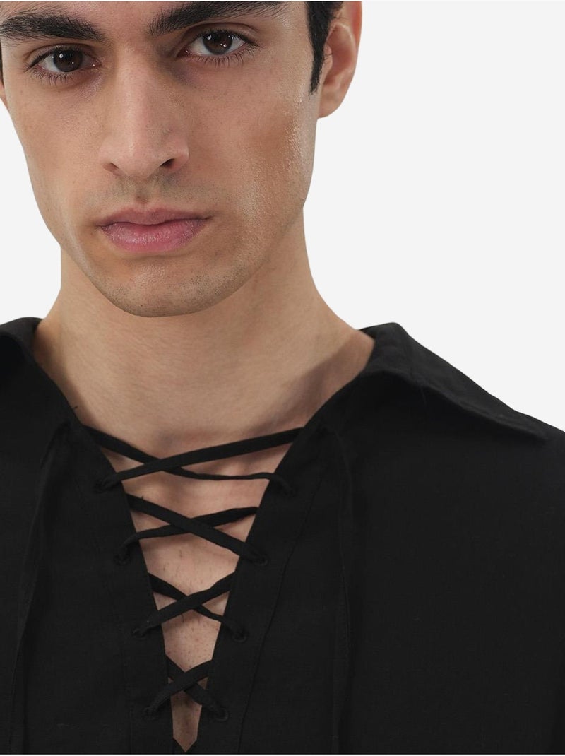 Chemise décontractée à manches longues avec lien à nouer giesto Noir - Kiabi