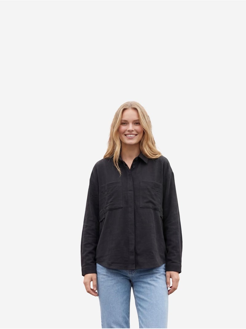 Chemise décontractée boutonnée en lin mélangé avec poche my fashion Noir - Kiabi
