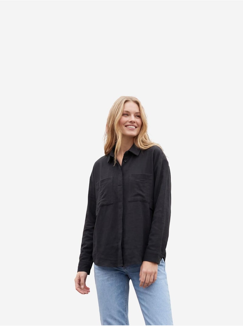 Chemise décontractée boutonnée en lin mélangé avec poche my fashion Noir - Kiabi
