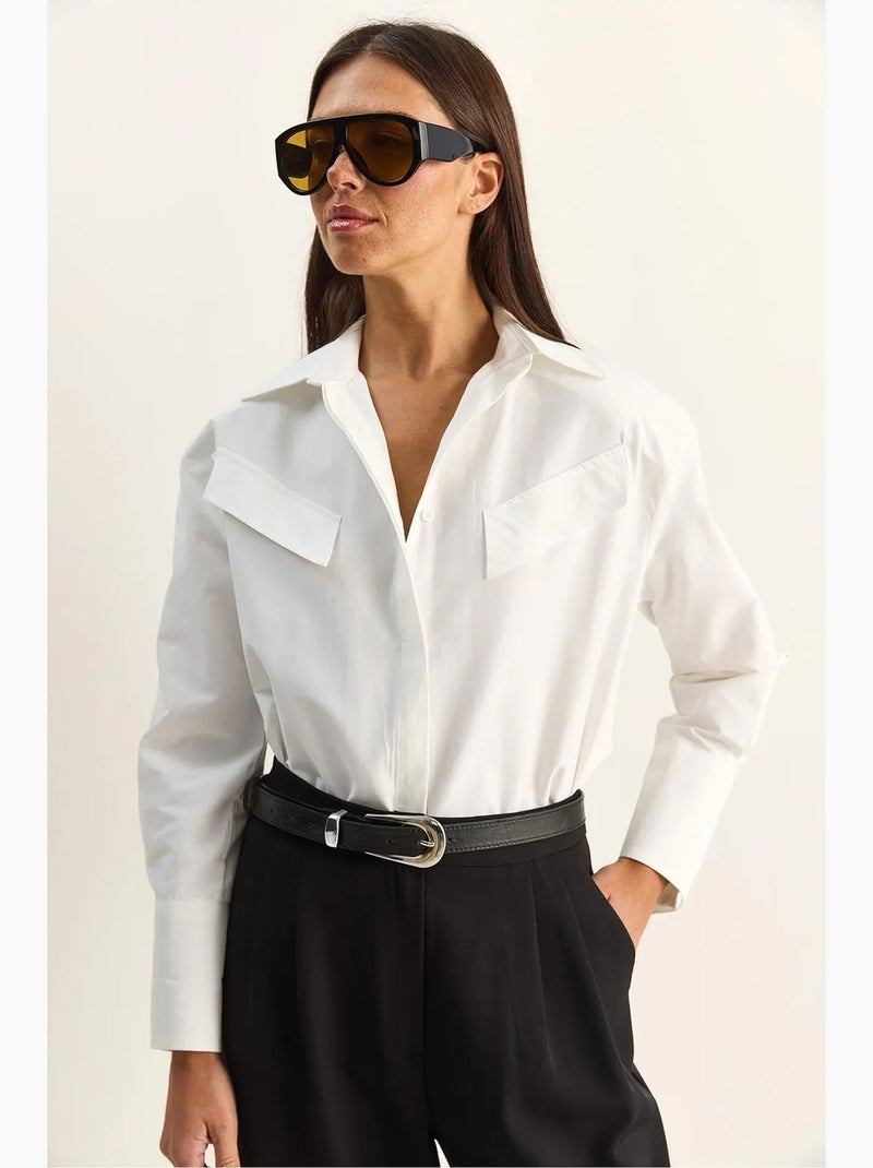 Chemise décontractée en popeline boutonnée à manches longues avec poche lucci Blanc - Kiabi