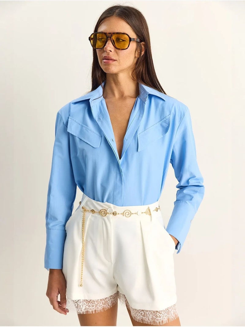 Chemise décontractée en popeline boutonnée à manches longues avec poche lucci Bleu clair - Kiabi