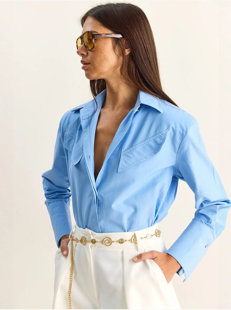 Chemise décontractée en popeline boutonnée à manches longues avec poche lucci Bleu clair - Kiabi