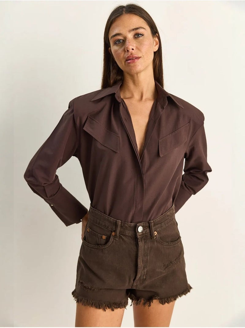 Chemise décontractée en popeline boutonnée à manches longues avec poche lucci Marron chocolat - Kiabi