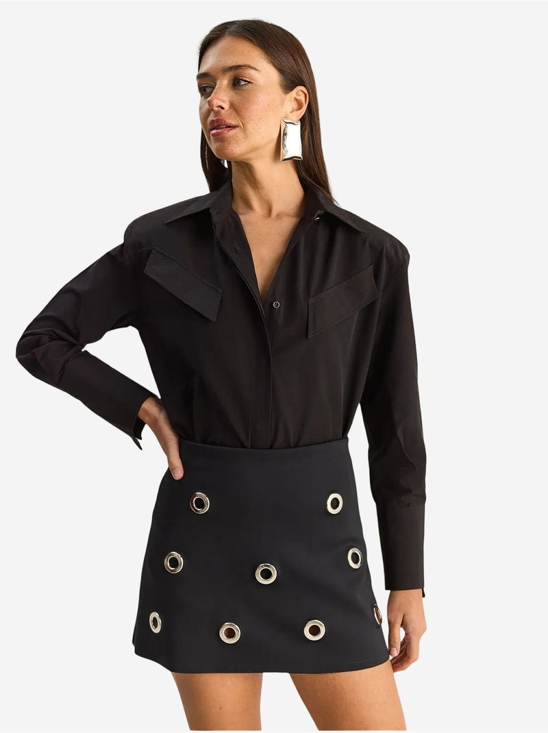 Chemise décontractée en popeline boutonnée à manches longues avec poche lucci Noir - Kiabi