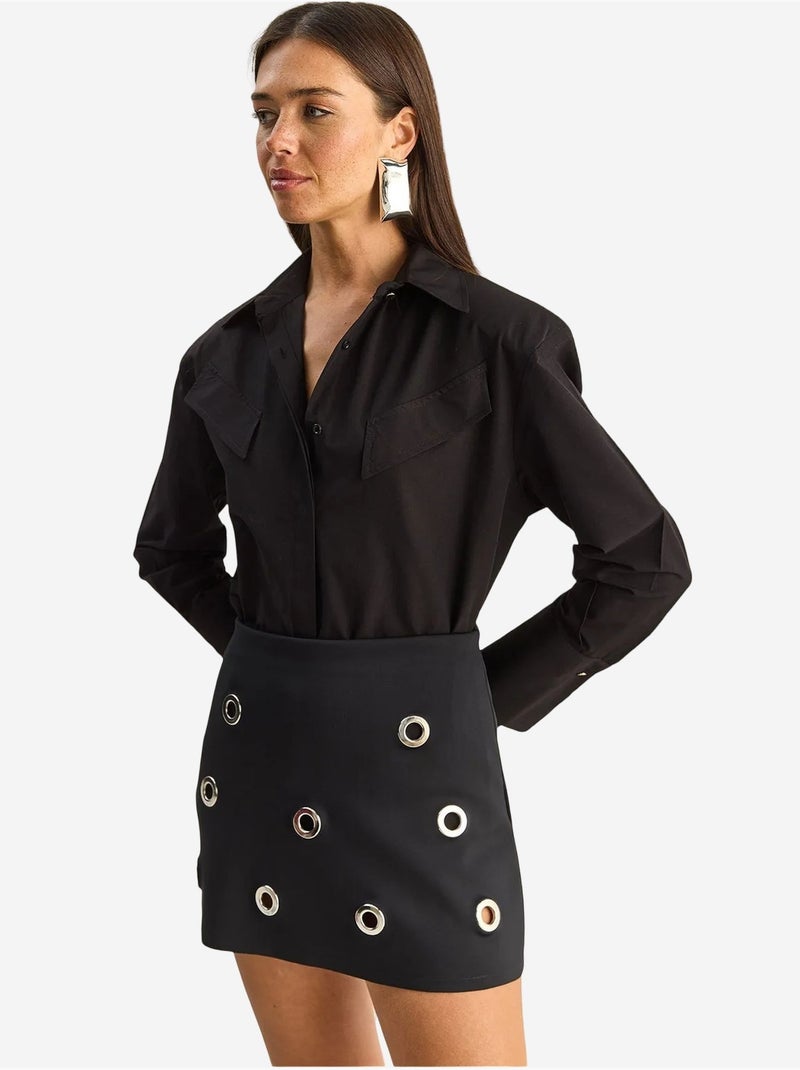 Chemise décontractée en popeline boutonnée à manches longues avec poche lucci Noir - Kiabi