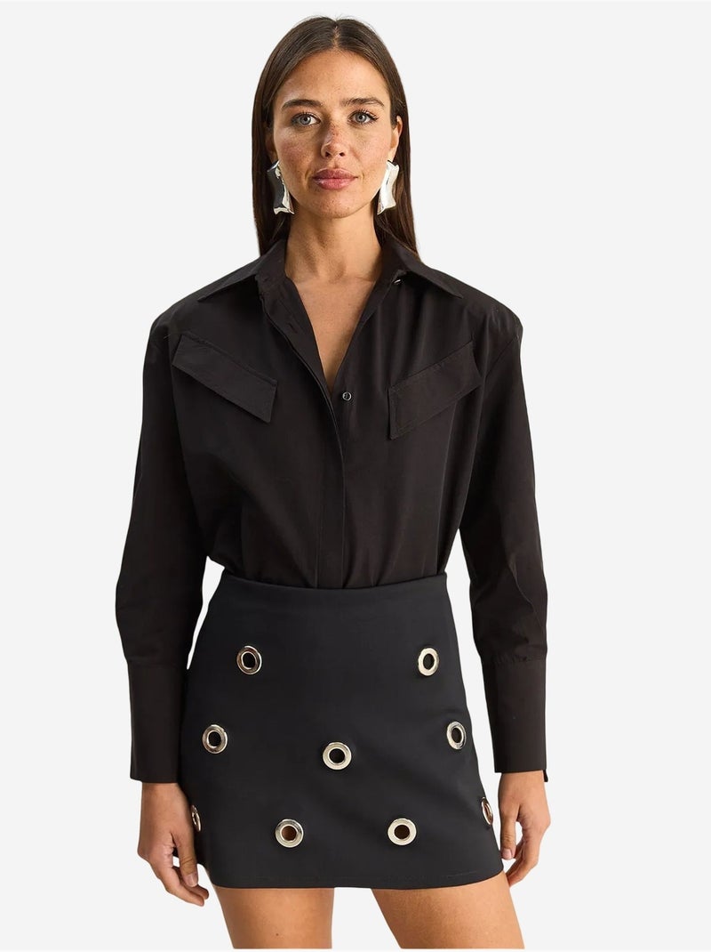 Chemise décontractée en popeline boutonnée à manches longues avec poche lucci Noir - Kiabi