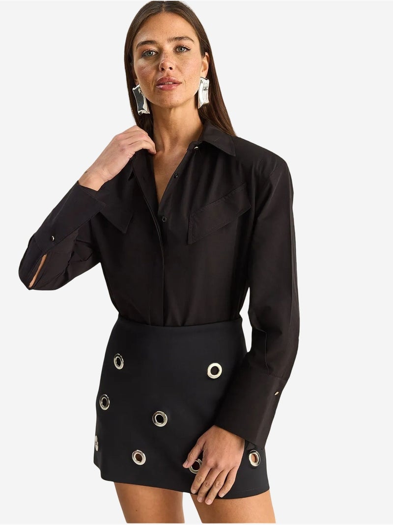 Chemise décontractée en popeline boutonnée à manches longues avec poche lucci Noir - Kiabi