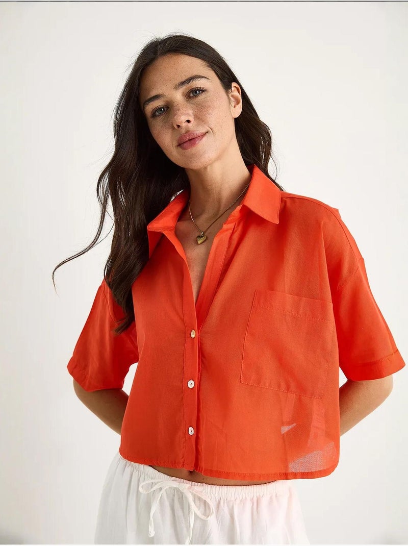 Chemise d'été courte en coton et lin à col en v bianco avec une seule poche lucci Orange mandarine - Kiabi