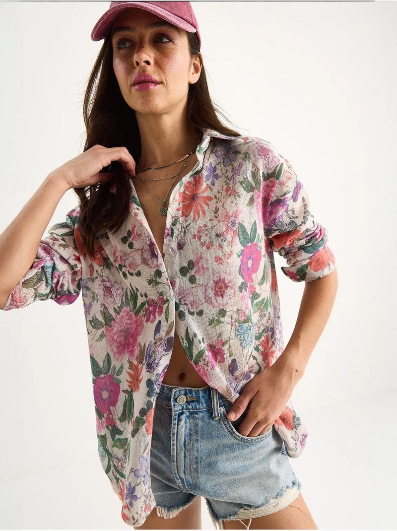Chemise d'été en tricot à imprimé numérique bianco lucci Beige argile - Kiabi