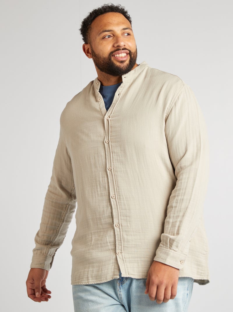 Chemise dobby avec col mao Gris - Kiabi