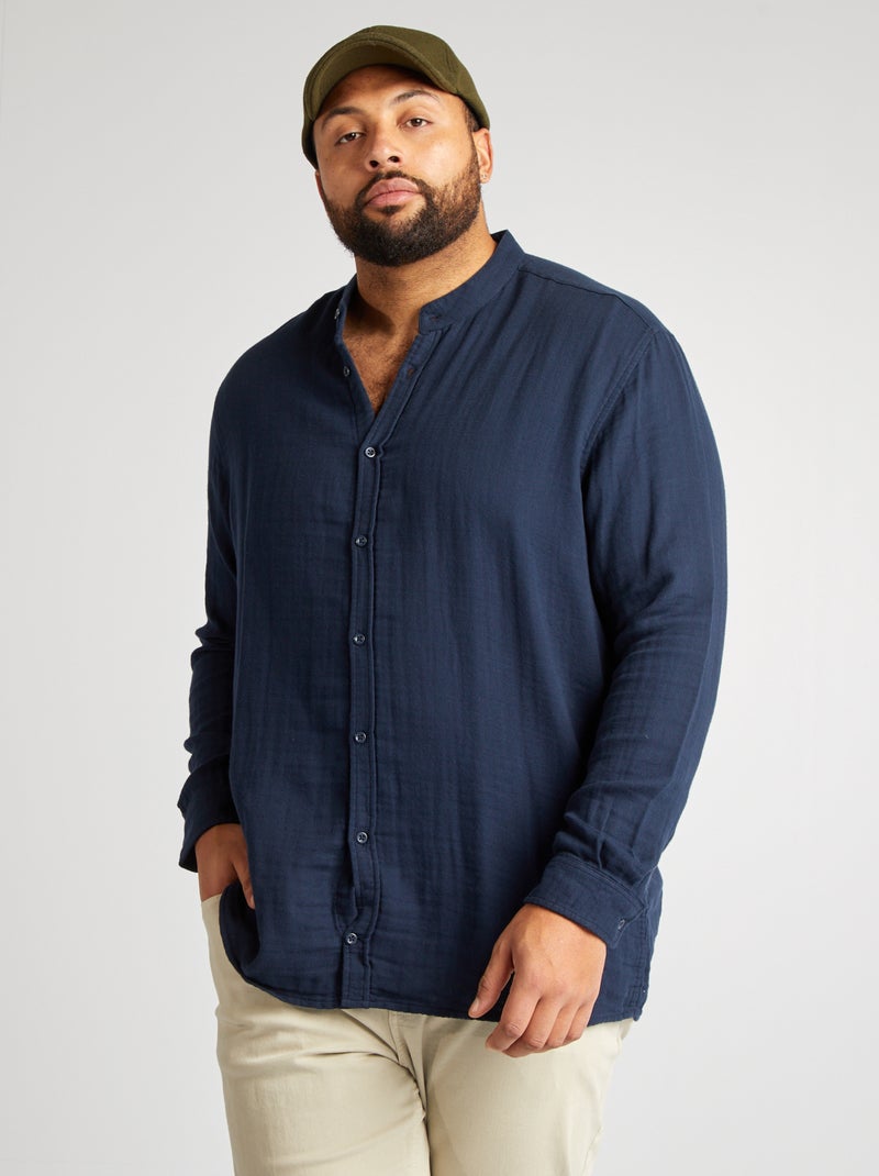 Chemise dobby avec col mao Marine - Kiabi