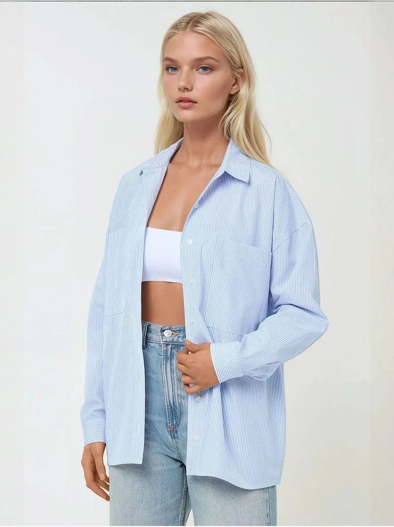 Chemise douce à manches longues et coupe régulière à rayures Bleu - Kiabi