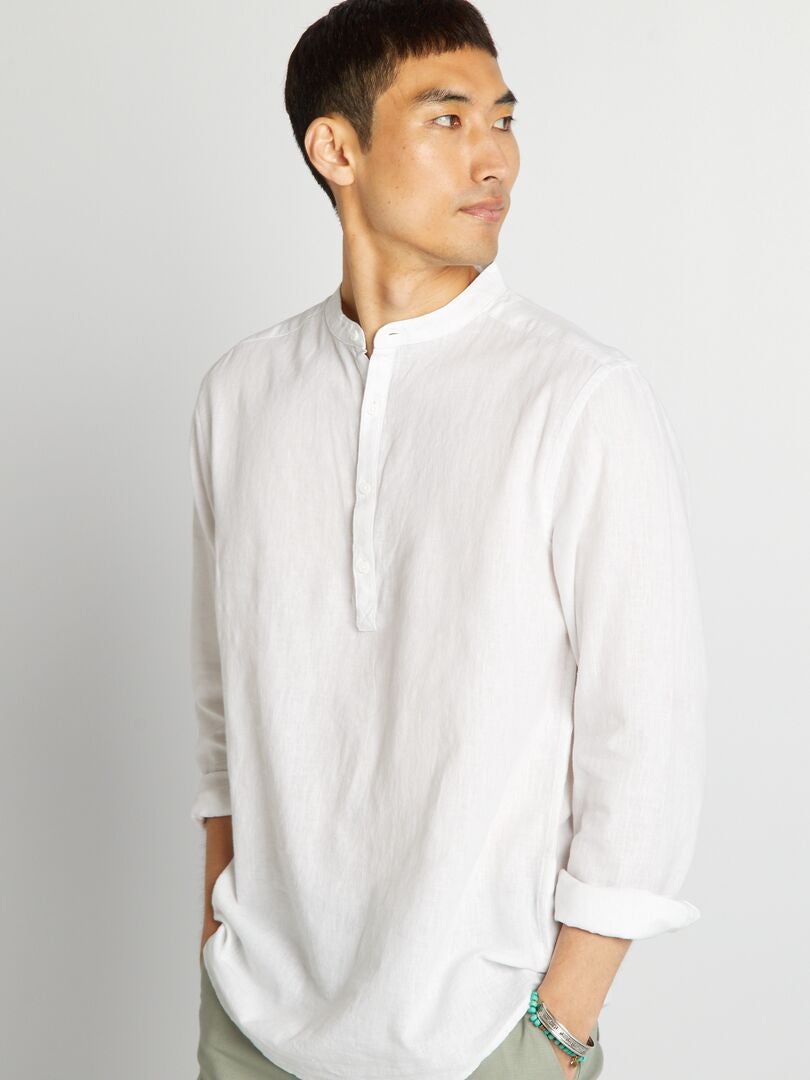 Chemise droite à col mao en lin mélangé blanc - Kiabi