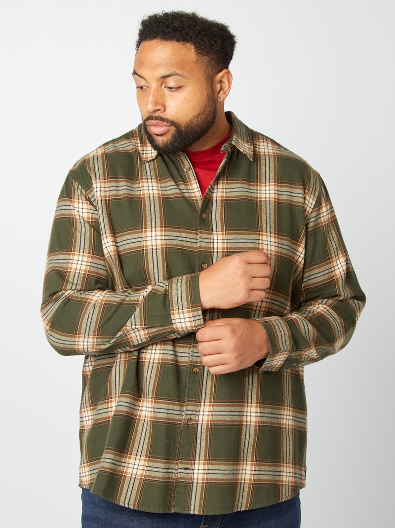 Chemise droite en flanelle à carreaux Kaki/beige - Kiabi