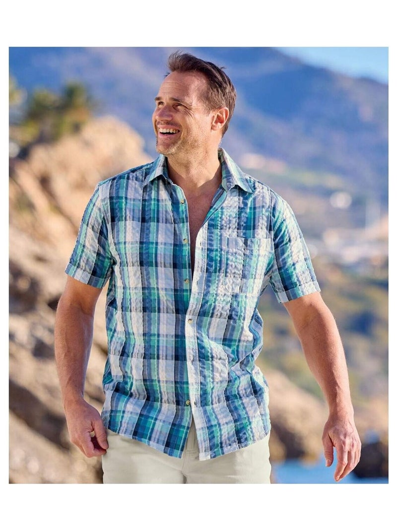 Chemise Effet Gaufré Mykonos   - ATLAS FOR MEN Bleu turquoise - Kiabi