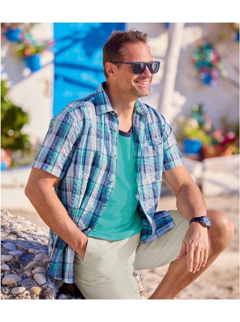 Chemise Effet Gaufré Mykonos   - ATLAS FOR MEN Bleu turquoise - Kiabi