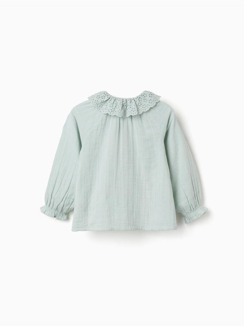 Chemise en coton à broderie anglaise et volants Bleu clair - Kiabi