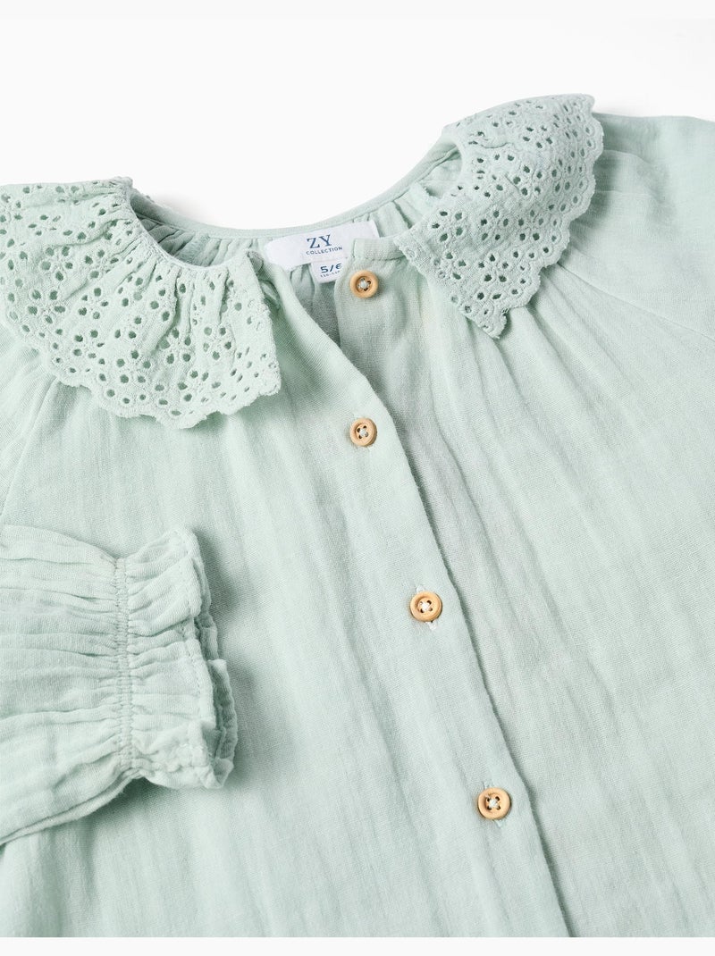 Chemise en coton à broderie anglaise et volants Bleu clair - Kiabi