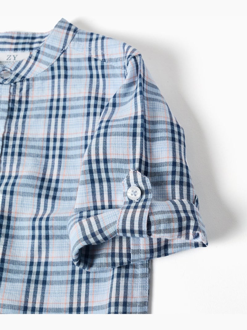 Chemise en coton à carreaux avec manches retroussées B&S Bleu foncé - Kiabi