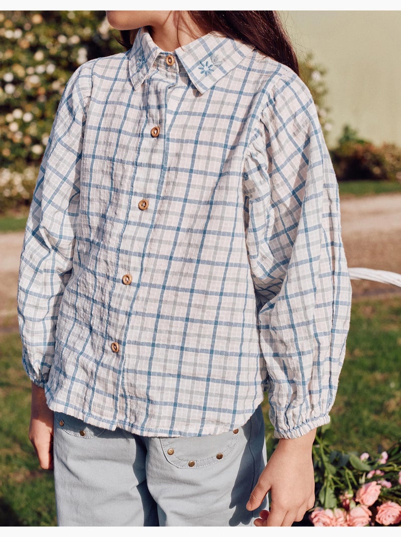 Chemise en coton à carreaux et manches bouffantes Vert clair - Kiabi