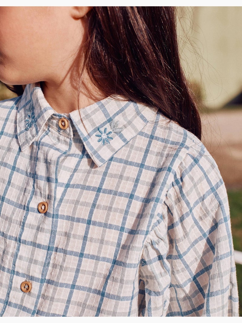 Chemise en coton à carreaux et manches bouffantes Vert clair - Kiabi