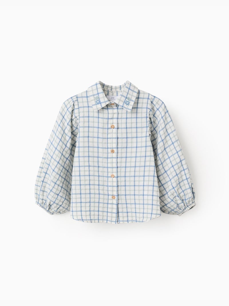 Chemise en coton à carreaux et manches bouffantes Vert clair - Kiabi