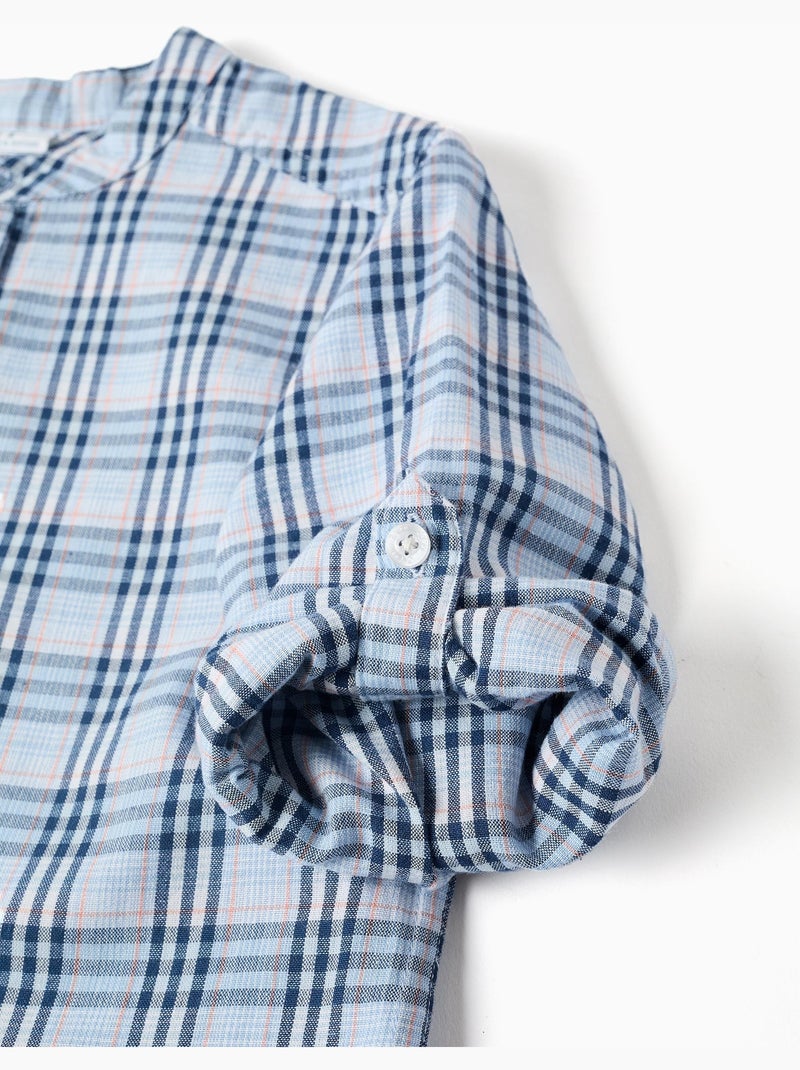 Chemise en coton à carreaux et manches retroussables B&S Bleu foncé - Kiabi