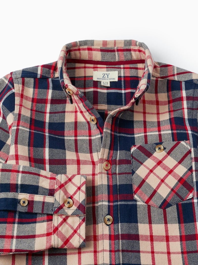 Chemise en coton à carreaux pour garçon 'B&S' manches longues  NOËL Bleu foncé - Kiabi
