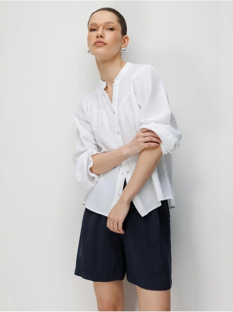 Chemise en coton à col mao et boutons mixray Blanc - Kiabi