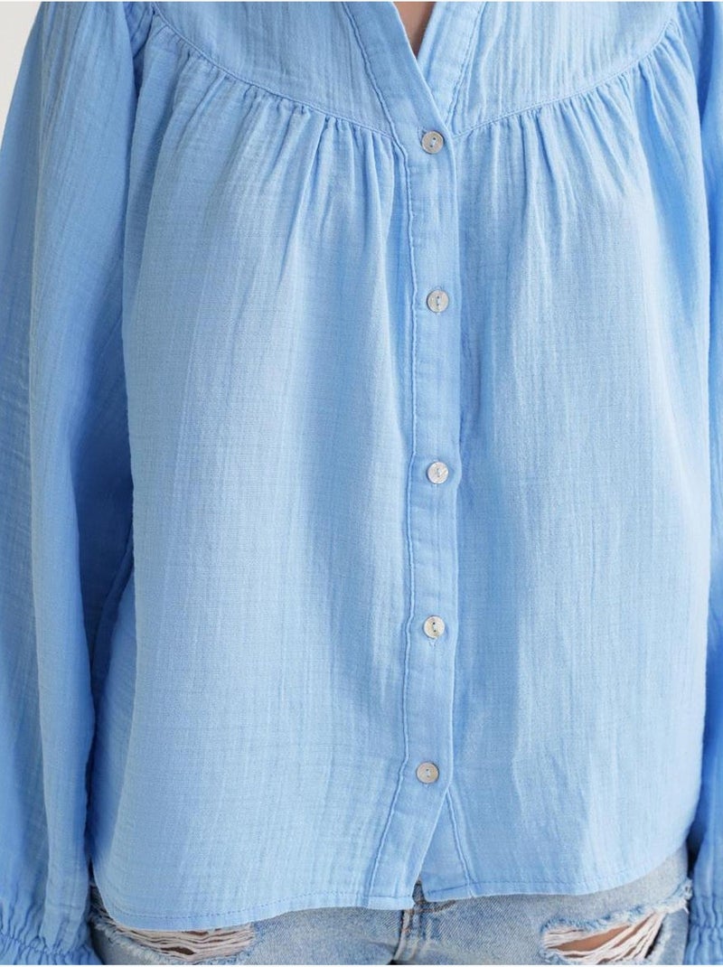 Chemise en coton à col mao et boutons mixray Bleu ciel - Kiabi
