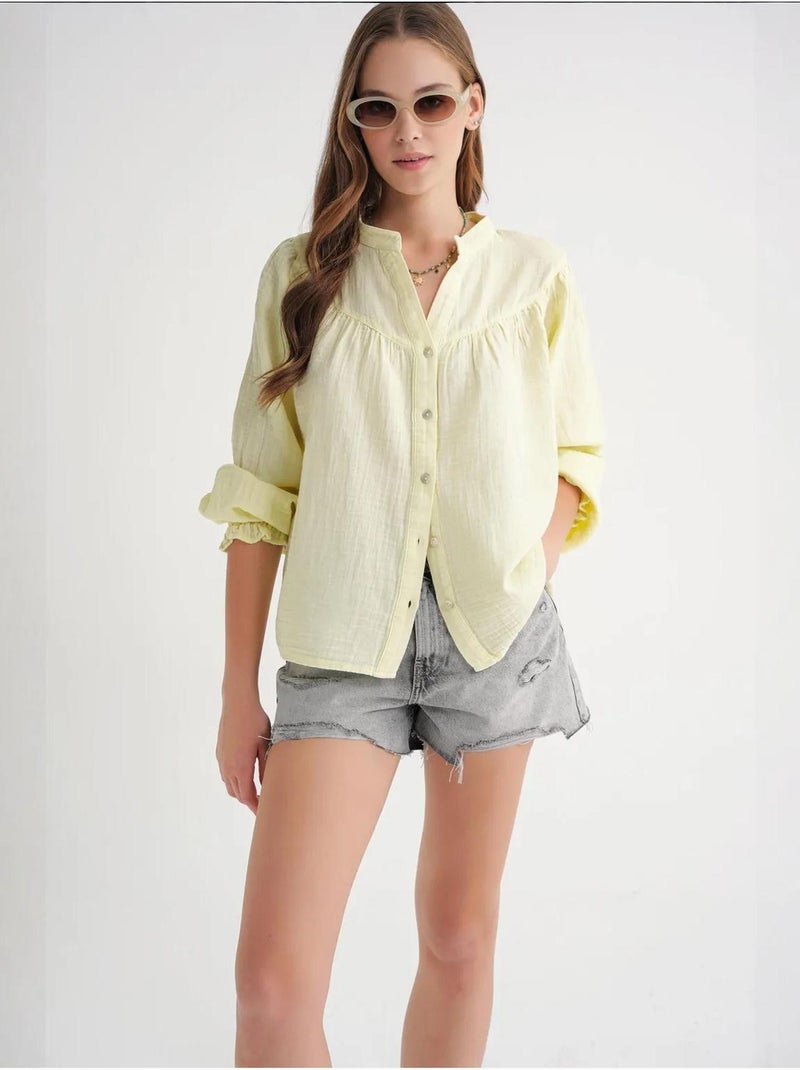 Chemise en coton à col mao et boutons mixray Jaune - Kiabi
