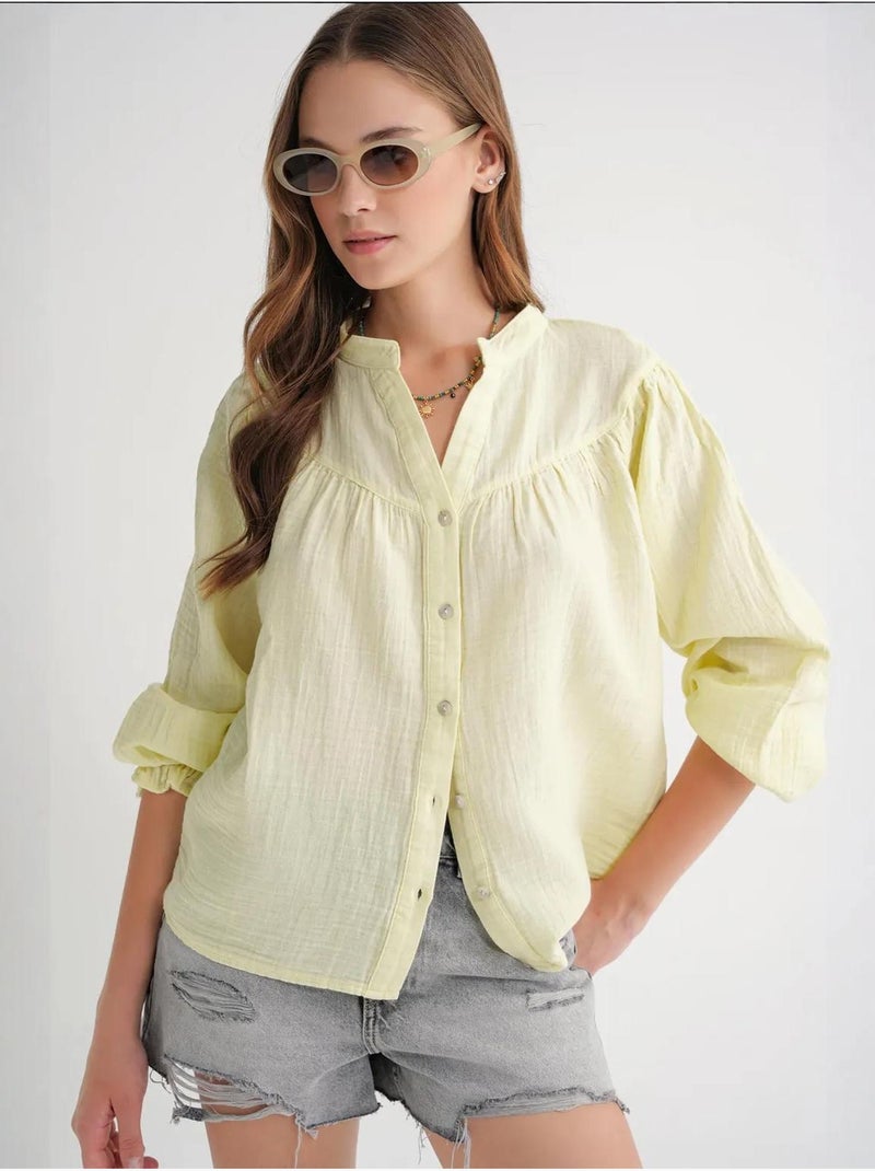 Chemise en coton à col mao et boutons mixray Jaune - Kiabi