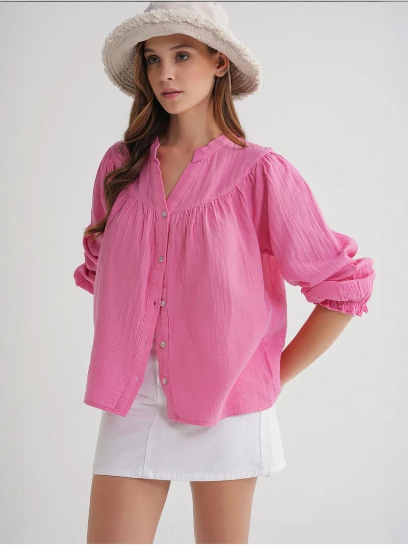 Chemise en coton à col mao et boutons mixray Rose fluo/Solinotes - Kiabi