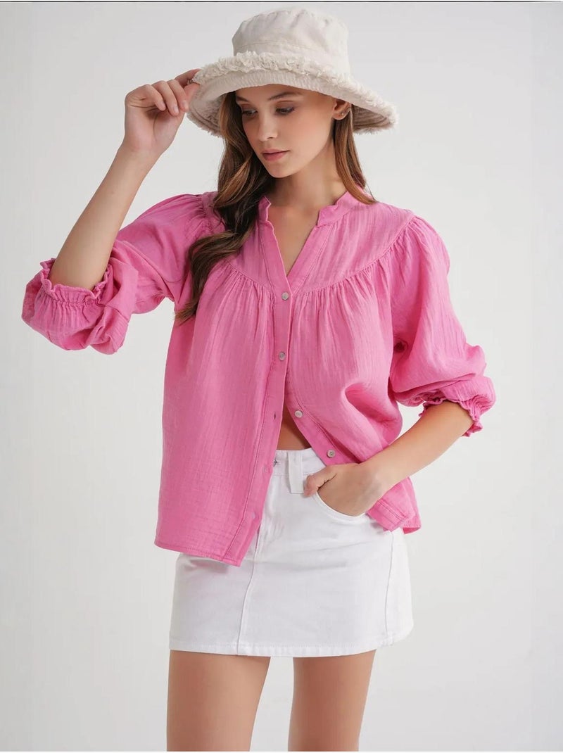 Chemise en coton à col mao et boutons mixray Rose fluo/Solinotes - Kiabi