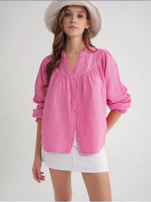 Chemise en coton à col mao et boutons mixray - Kiabi Chemise en coton à col mao et boutons mixray - Kiabi