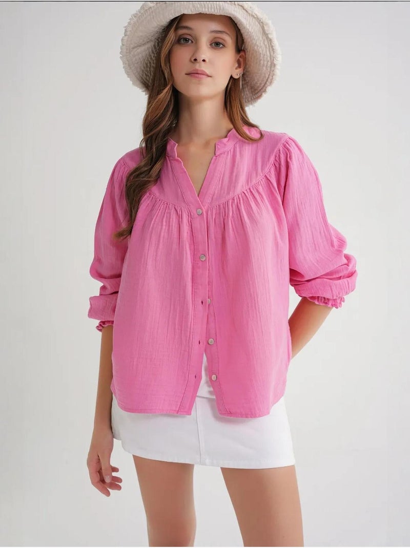 Chemise en coton à col mao et boutons mixray Rose fluo/Solinotes - Kiabi