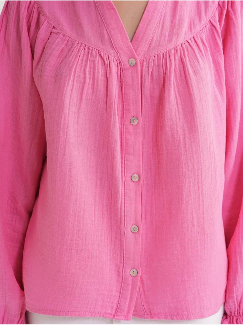 Chemise en coton à col mao et boutons mixray Rose fluo/Solinotes - Kiabi