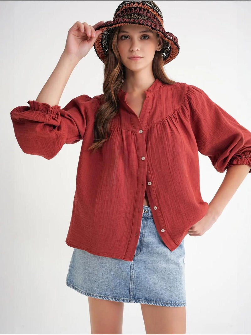 Chemise en coton à col mao et boutons mixray Rouge foncé - Kiabi