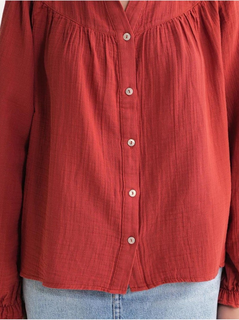 Chemise en coton à col mao et boutons mixray Rouge foncé - Kiabi