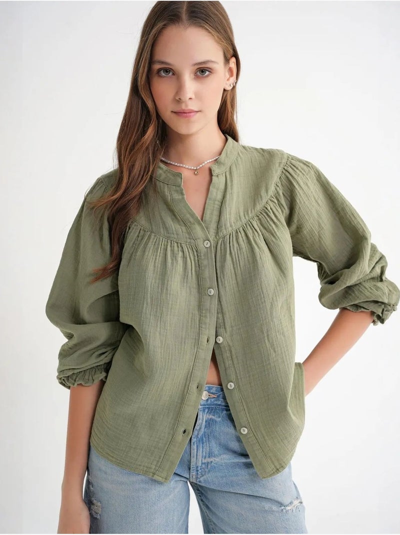 Chemise en coton à col mao et boutons mixray Vert pastel - Kiabi