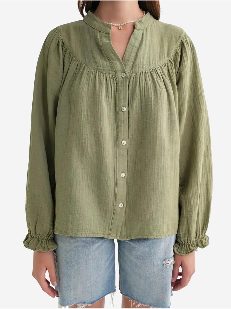 Chemise en coton à col mao et boutons mixray Vert pastel - Kiabi