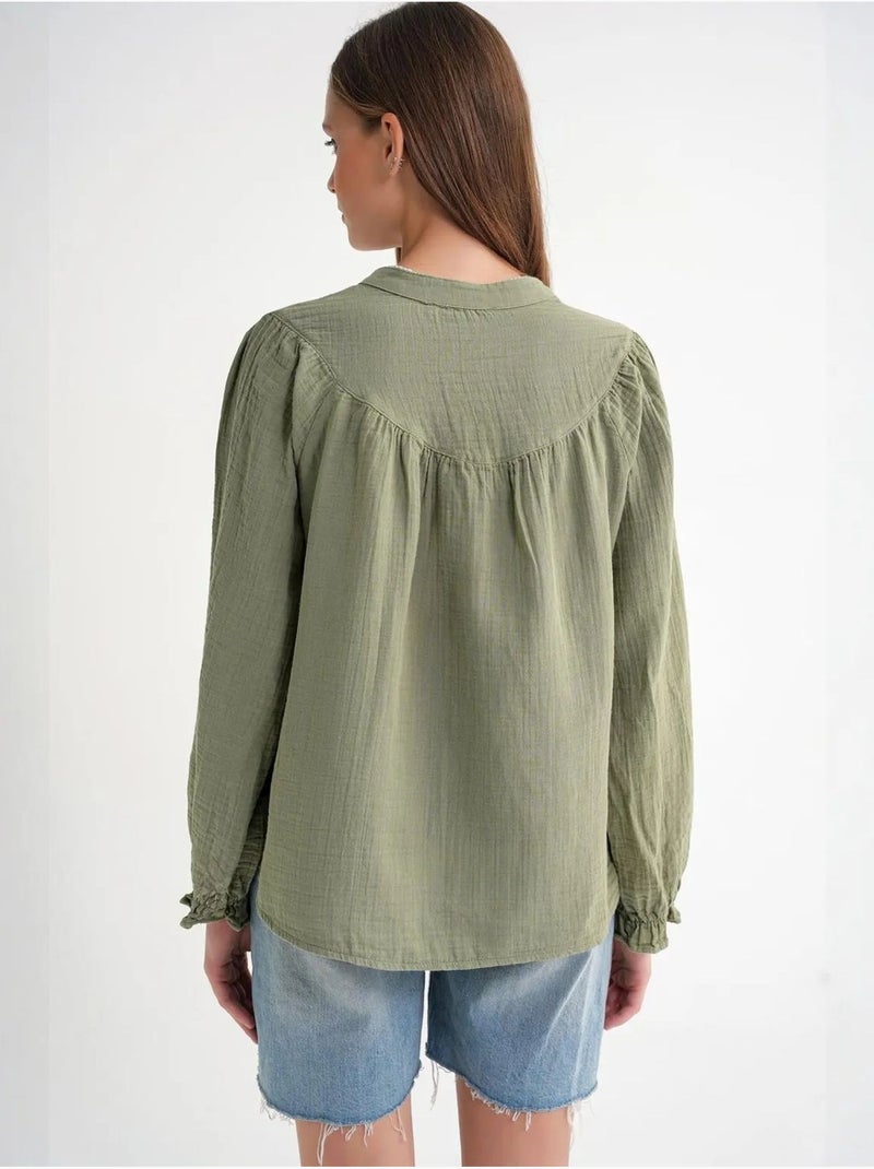 Chemise en coton à col mao et boutons mixray Vert pastel - Kiabi