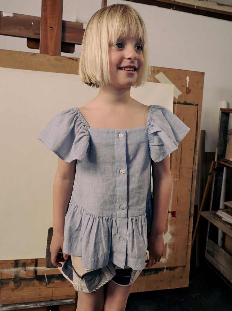 Chemise en Coton à Encolure Carrée et Volants Brothers & Sisters Bleu clair - Kiabi