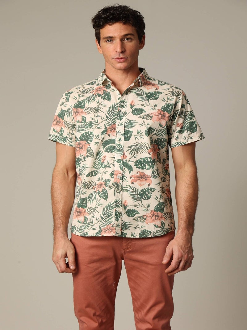 Chemise en coton à manches courtes avec imprimé tropical 'Deeluxe' Ecru - Kiabi