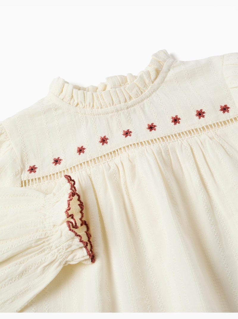Chemise en coton à manches longues avec fleurs et volants Blanc - Kiabi
