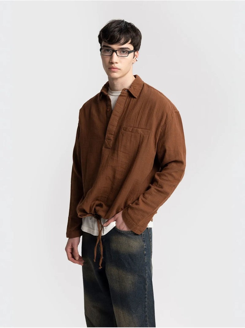 Chemise en coton à manches longues coupe décontractée avec détail nouée giesto Marron - Kiabi