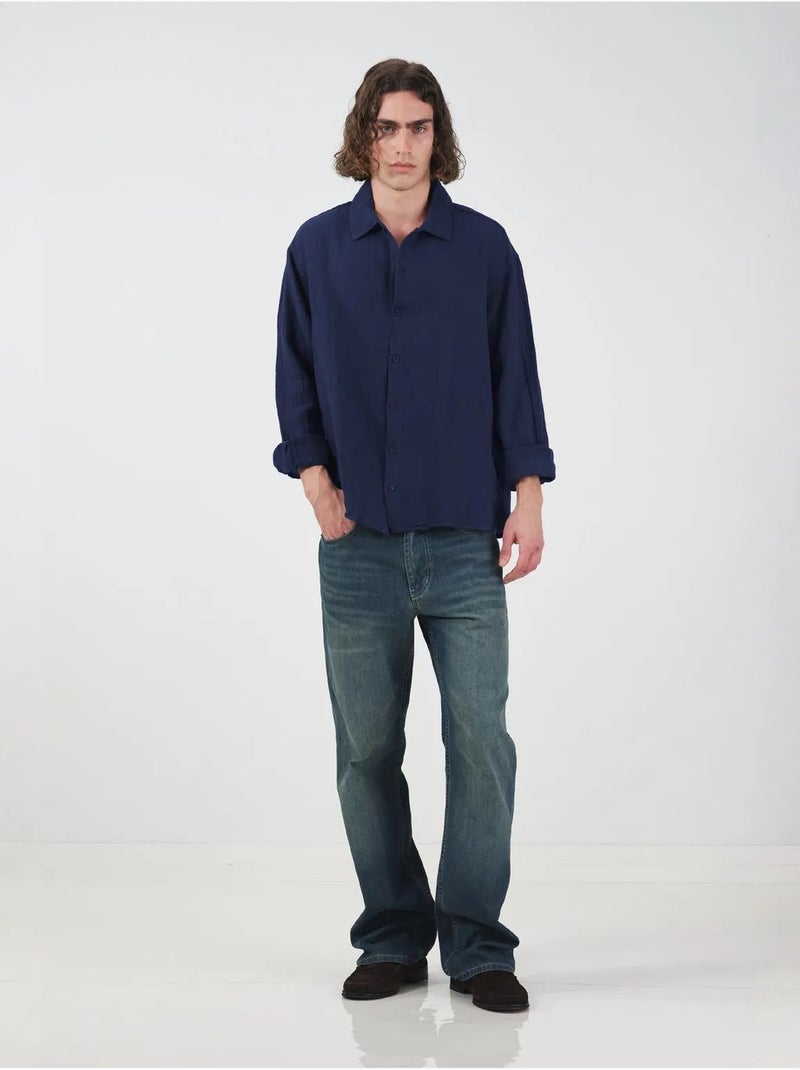Chemise en coton à manches longues coupe décontractée giesto Bleu lagon - Kiabi
