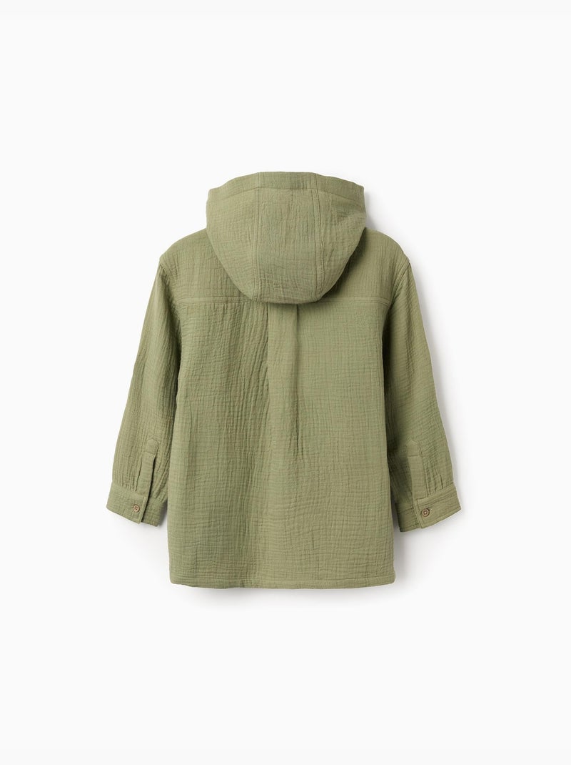 Chemise en coton à manches longues et capuche Vert foncé - Kiabi