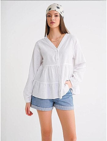 Chemise en coton à manches longues et col en v à volants mixray