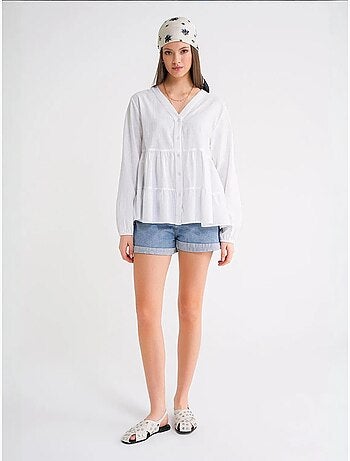 Chemise en coton à manches longues et col en v à volants mixray